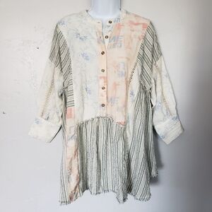 Free People Small Oversized Blouse Top Patchwork Charlie Mixed Print Pattern
